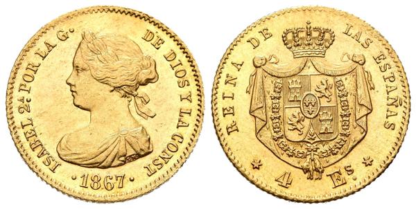 1139 - ISABEL II (1833-1868). 4 Escudos. (Au. 3,35g/18mm). 1867. Madrid. (Cal-2019-691). EBC+. Leves rayitas. Restos de brillo original. Bonito ejemplar. - 150€
