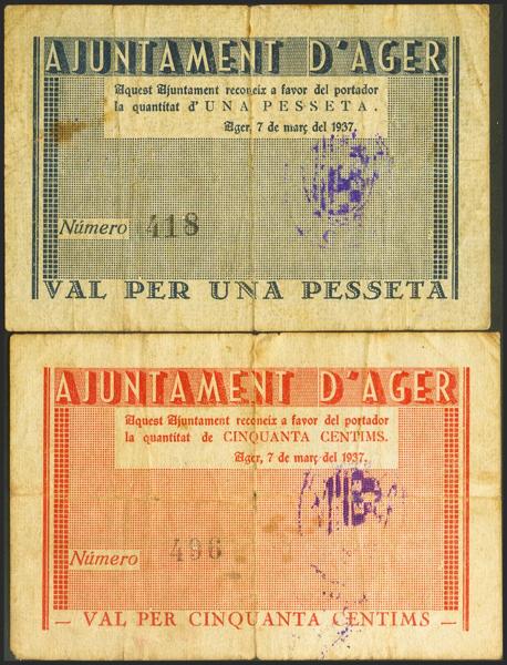 573 - AGER (LERIDA). 50 Céntimos y 1 Peseta. 7 de Marzo de 1937. (González: 6010/11). Rara serie completa. MBC-. - 70€