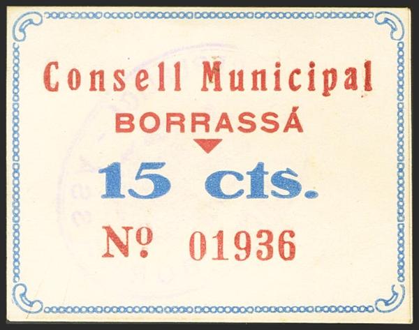 595 - BORRASSA (GERONA). 15 Céntimos. (1937ca). (González: 7168). SC-. - 40€