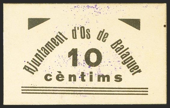 656 - OS DE BALAGUER (LERIDA). 10 Céntimos. (1937ca). (González: 9056). Muy raro. EBC. - 45€