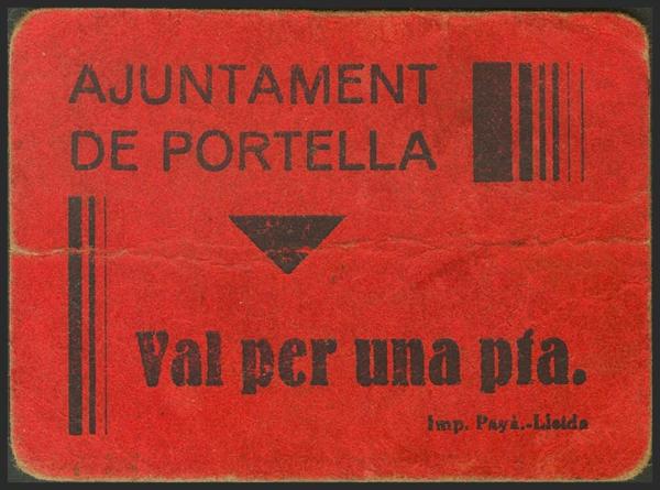 667 - PORTELLA (LERIDA). 1 Peseta. (1937ca). (González: 9404). Rarísimo. MBC+. - 65€