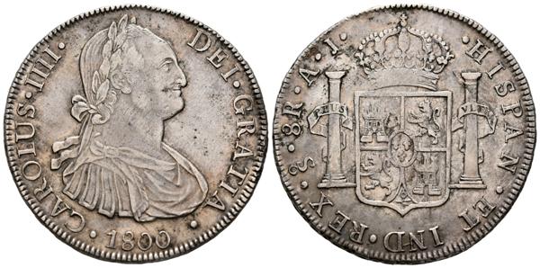 115 - CARLOS IV (1788-1808). 8 Reales. (Ar. 27,07g/40mm). 1800. Santiago AJ. (Cal-2019-1032).  MBC+/MBC. Raro ejemplar. - 300€