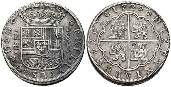 15 - FELIPE V (1700-1746). 8 Reales. (Ar. 25,99g/38mm). 1728. Segovia F. (Cal-2019-1597). MBC+/EBC-. Oxidaciones en anverso. Escaso ejemplar. - 800€