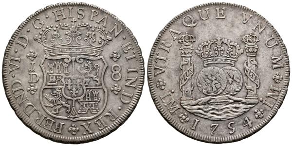 22 - FERNANDO VI (1746-1759). 8 Reales. (Ar. 26,60g/39mm). 1754. Lima JD (Cal-2019-457). EBC. Restos de brillo original. Precioso ejemplar, escaso y más así. - 700€