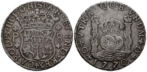 31 - CARLOS III (1759-1788). 8 Reales. (Ar. 26,62g/38mm). 1770. Guatemala P. (Cal-2019-1002). MBC. Raro ejemplar. - 400€