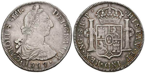 33 - CARLOS III (1759-1788). 8 Reales. (Ar. 26,82g/40mm). 1777. Guatemala P. (Cal-2019-1009). MBC+. Escaso ejemplar. - 350€