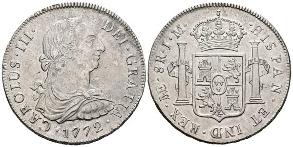 41 - CARLOS III (1759-1788). 8 Reales. (Ar. 26,94g/40mm). 1772. Lima JM. (Cal-2019-1035). Primer año de busto. EBC/EBC+. Brillo original. Magnífico ejemplar raro así. - 450€