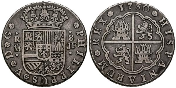 5 - FELIPE V (1700-1746). 8 Reales. (Ar. 26,62g/39mm). 1730. Madrid JF. (Cal-2019-1351). MBC. Bonita pátina. Escaso ejemplar. - 500€