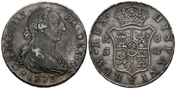 68 - CARLOS III (1759-1788). 8 Reales. (Ar. 26,70g/41mm). 1773. Sevilla CF. (Cal-2019-1230). MBC+. Marquitas. Pátina oscura. Raro ejemplar. - 350€