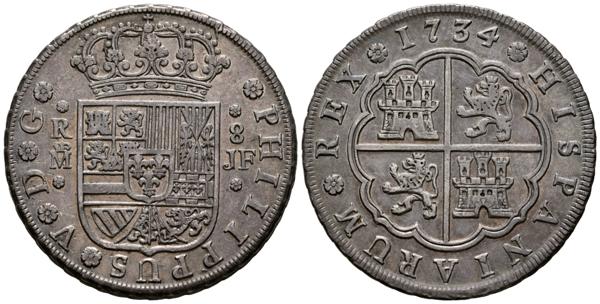 6 - FELIPE V (1700-1746). 8 Reales. (Ar. 26,84g/39mm). 1734. Madrid JF. (Cal-2019-1357). MBC+. Preciosa pátina. Escaso ejemplar. - 650€