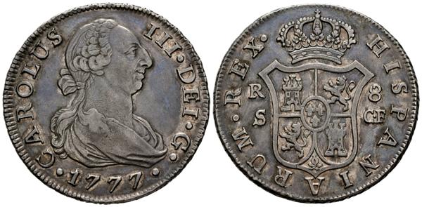 71 - CARLOS III (1759-1788). 8 Reales. (Ar. 26,85g/41mm). 1777/6. Sevilla CF. (Cal-2019-1235). MBC+. Preciosa pátina irisada. Muy raro ejemplar. - 550€