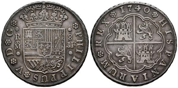 7 - FELIPE V (1700-1746). 8 Reales. (Ar. 27,04g/39mm). 1740. Madrid JF. (Cal-2019-1358). MBC+. Extraordinaria pátina. Escaso y bonito ejemplar. - 650€