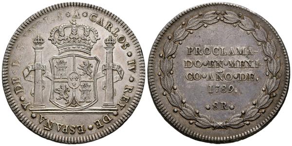 91 - CARLOS IV (1788-1808). Medalla con valor de 8 Reales. (Ar. 26,94g/39mm). 1789. Proclamación en México. (Cal-2019-947). EBC-. Leves marquitas. Restos de brillo original. Bonita pátina. Raro ejemplar así. - 750€