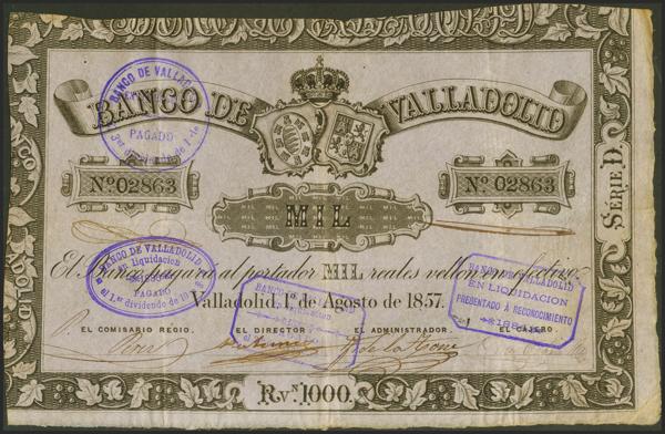 1006 - 1000 Reales. 1 de Agosto de 1857. Banco de Valladolid. Serie D. (Edifil 2017: 134). MBC+. - 120€