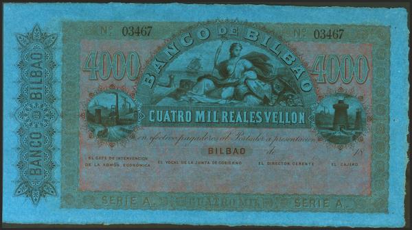 1008 - 4000 Reales. 21 de Agosto de 1857. Banco de Bilbao. Serie A. Sin firmas y con numeración. (Edifil 2021: 148). Apresto original. SC. - 200€