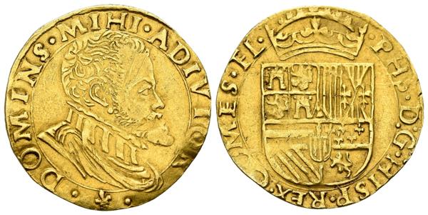 1054 - FELIPE II (1556-1598). 1/2 Real de oro. (Au. 3,43g/24mm). S/D. Brujas. (Vicenti 1390; Vanhoudt 263. BG). MBC+. - 650€