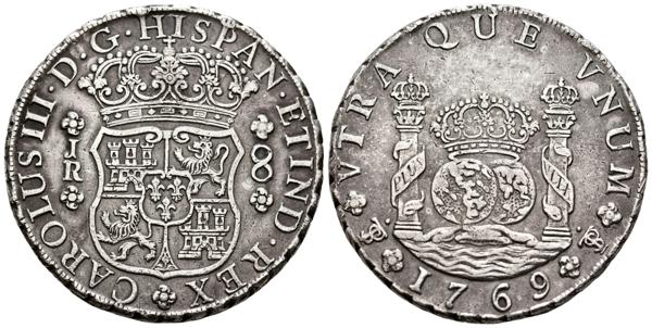 1210 - CARLOS III (1759-1788). 8 Reales. (Ar. 26,68g/39mm). 1769. Potosí JR (Cal-2019-1166). 9 curvo sobre 9 recto. EBC-. Levemente limpiada. Muy raro ejemplar y más así. - 800€