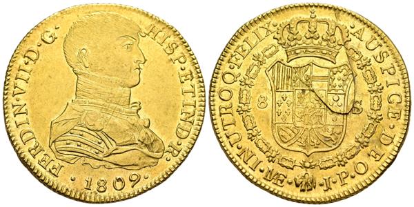 1345 - FERNANDO VII (1808-1833). 8 Escudos (Au. 26,98g/37mm). 1809. Lima JP. Busto indígena. (Cal-2019-1754). EBC. Hoja en reverso. Restos de brillo original.<BR><BR>José María Fernández de Soto es el grabador de este busto exclusivo de la ceca de Lima y que apareció en los anversos de sus monedas entre 1808 y 1811, fecha en la que llegaron los bustos oficiales de Felix Sagau procedentes de la península. El busto limeño, indígena o inca fue una petición urgente al grabador quién parece ser que no tuvo en cuenta las facciones reales del monarca, pues este retrato no guarda ningún parecido con él. Los ejemplares de 1808 y 1809 corresponden con un primer tipo que tienen la peculiaridad de presentar un busto ligeramente más grande que la de los dos últimos años. Otra diferencia entre ambos tipos es que en los primeros tipos el nombre del monarca es abreviado como FERDND mientras que en los segundos lo encontramos como FERDIN. - 3.000€