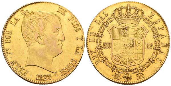 1346 - FERNANDO VII (1808-1833). 320 Reales (Au. 27,13g/35mm). 1822. Madrid SR. (Cal-2019-1778). EBC-. Acuñación algo floja en reverso. Restos de brillo original.<BR><BR>El busto conocido como tipo cabezón es exclusivo del Trienio Liberal (1821-1823) y lo podemos encontrar, en el caso de estas piezas de 320 Reales, sólo en la ceca de Madrid (en el caso de las monedas de 80 Reales, también en oro, y los diferentes divisores en plata la producción se reparte también con Barcelona y Sevilla)  Es un busto sencillo, carente de adornos o vestimenta y con el que se trata de representa a un rey constitucional. El escudo del reverso es el mismo que se utiliza en las acuñaciones americanas y la leyenda deja de estar en latín para pasar a estar en castellano. El busto es obra de  Félix Sagau y Dalmau, grabador oficial de este monarca. - 5.000€