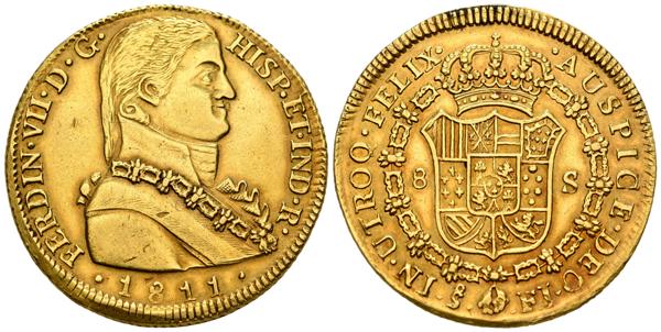 1347 - FERNANDO VII (1808-1833). 8 Escudos. (Au. 26,91g/38mm). 1811. Santiago FJ. (Cal-2019-1865). MBC+. Bonito y escaso ejemplar. - 2.300€
