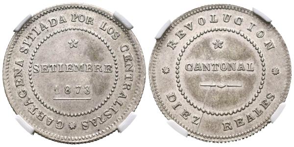 1452 - REVOLUCIÓN CANTONAL (1873-1874). 10 Reales (Ar. 13,50g/30mm)*. 1873. Cartagena. (Cal-2019-4).  EBC. Precioso y escaso ejemplar. *Encapsulada por NN Coins como XF45.<BR><BR>“Sitiada por los centralistas” permaneció el cantón de Cartagena durante la I República. La acuñación de moneda se antojaba como un paso clave e indispensable para su supervivencia.  Con plata procedente de las minas de Mazarrón, acuñándose en el Arsenal con maquinaria de estampación para útiles de barco y con mano de obra sacada directamente de la cárcel (se dio amnistía a los falsificadores de moneda) se acuñaron módulos de 10 Reales y 5 Pesetas, de especial rareza los primeros (existe también el módulo de 2 Pesetas pero son consideradas acuñaciones posteriores realizadas por los talleres Mening Freres en Bruselas). Para darle legitimidad a estas acuñaciones, el gobierno cantonés doto a sus piezas de una pureza en el material y un peso superior a la de las monedas que por aquellas fechas se acuñaban en Madrid. - 650€