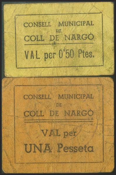 1003 - COLL DE NARGO (LERIDA). 50 Céntimos y 1 Peseta. (1937ca). (González: 7627/28). Muy rara serie completa. MBC-. - 80€