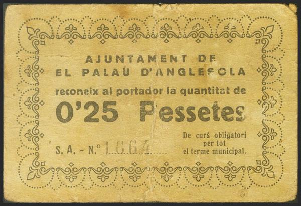 1025 - PALAU DE ANGLESOLA (LERIDA). 25 Céntimos. (1937ca). (González: 9110). Rarísimo.  MBC. - 120€