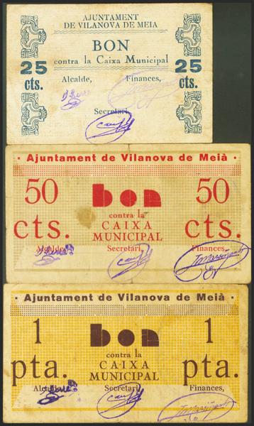 1056 - VILANOVA DE MEIA (LERIDA). 25 Céntimos, 50 Céntimos y 1 Peseta. 12 de Septiembre de 1937. (González: 10815/17). Rara serie completa. MBC. - 70€
