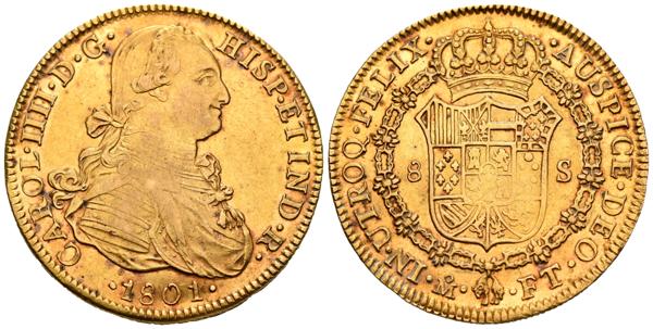1344 - CARLOS IV (1788-1808). 8 Escudos. (Au. 27,00g/37mm). 1801 México FT. (Cal-2019-1644). EBC. Restos de brillo original. Preciosa pátina naranja. - 1.400€