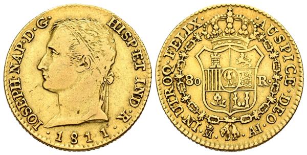 1354 - JOSÉ NAPOLEÓN (1808-1813). 80 Reales (Au. 6,68g/22mm). 1811. Madrid AI. (Cal-2019-49). MBC-/MBC. Escasa - 450€