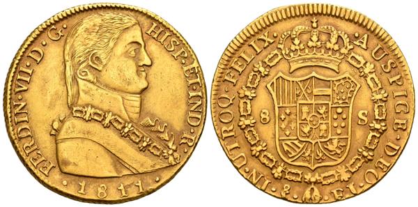 1424 - FERNANDO VII (1808-1833). 8 Escudos (Au. 27,02g/37mm). 1811. Santiago FJ. Busto almirante. (Cal-2019-1865). EBC. Preciosa pátina. - 2.500€