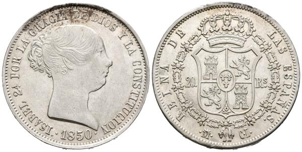 1488 - ISABEL II (1833-1868). 20 Reales. (Ar. 26,08g/37mm). 1850. Madrid CL. (Cal-2019-59). EBC-/EBC. - 125€