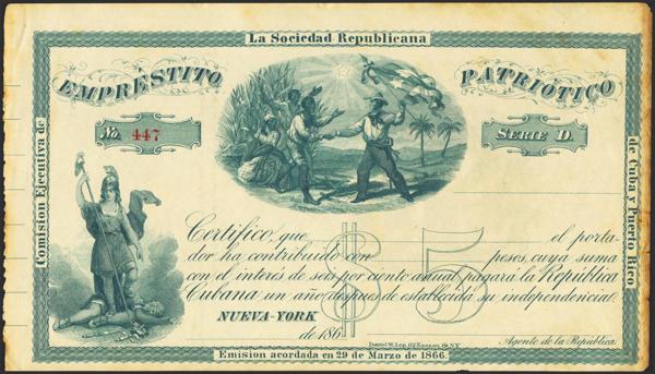 436 - CUBA Y PUERTO RICO. EMPRESTITO PATRIOTICO. 5 Pesos. 29 de Marzo de 1866. Serie D, este empréstito fue emitido al comienzo de la Guerra de los Diez Años de Cuba (1868-78) con el fin de recaudar fondos para la liberación de Cuba y Puerto Rico de España. (Echenagusía: página 85). Extraordinariamente raro billete del que sólo se conocían los dos ejemplares fotografiados en el libro de Echenagusía, ambos subastados en los años 2014 y 2016, este ejemplar se ofrece por primera vez a subasta. EBC.<BR> - 2.500€