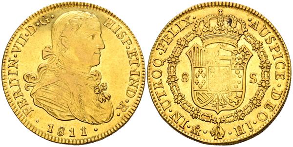 1359 - FERNANDO VII (1808-1833). 8 Escudos. (Au. 26,99g/37mm).1811. México HJ. Busto imaginario. (Cal-2019-1786). EBC-. Bonito ejemplar. - 1.800€