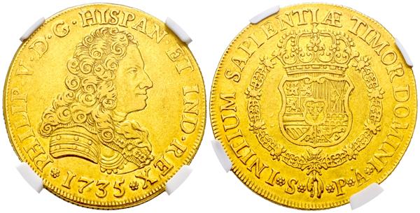 966 - FELIPE V (1700-1746). 8 Escudos. (Au. 27,00g/36mm)*. 1735. Sevilla PA. (Cal-2019-2311). Encapsulada por NGC XF 45. *Peso y medida teóricos.  - 4.000€
