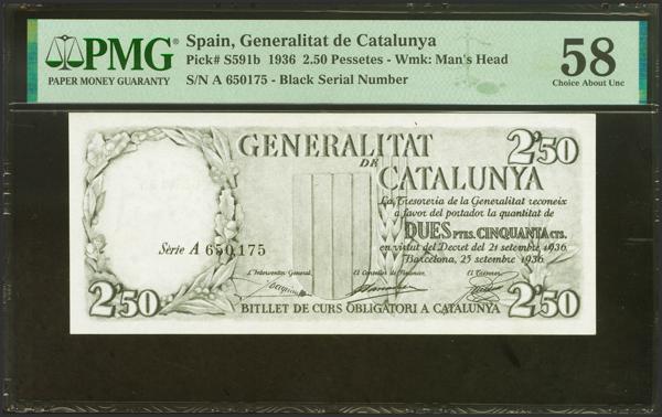 112 - 2´50 Pessetes. 25 de Septiembre de 1936. Generalitat de Catalunya. Serie A, en negro. (Edifil 2023: 372, Pick: S591b). Muy raro en esta calidad. EBC++. Encapsulado PMG58. - 250€