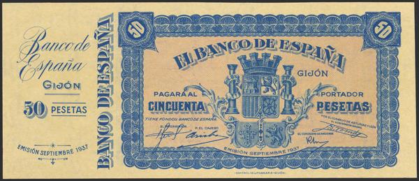 140 - 50 Pesetas NO EMITIDO. Septiembre 1937. Banco de España, Gijón. Sin serie y con la matriz a la izquierda. (Edifil 2023: NE33). Muy raro, apresto original. SC. - 1.000€