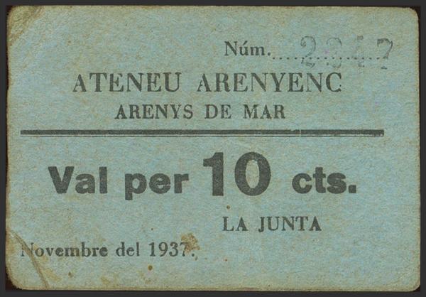853 - ARENYS DE MAR (BARCELONA). 10 Céntimos. Noviembre 1937. (González: 6340). Rarísimo. EBC. - 175€